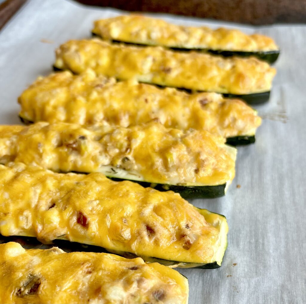 Cheesy Sweet Corn Zucchini Boats with Bacon