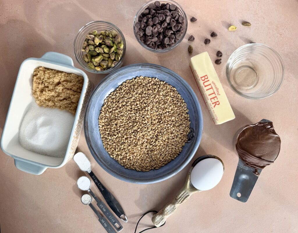 ingredients for nutella pistachio cookies with fresh milled flour