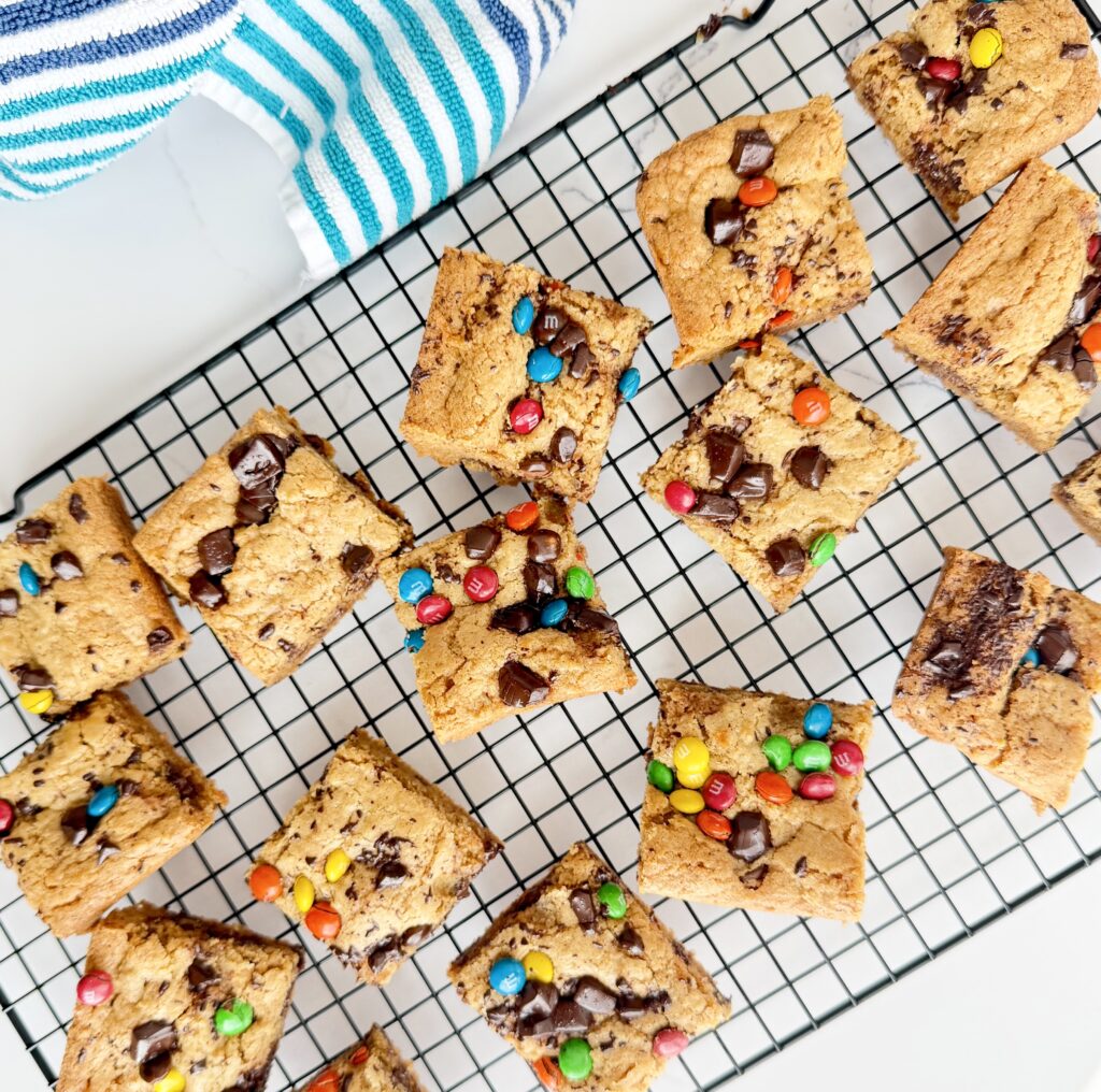 Peanut Butter Chocolate Chip Blondies with Fresh Milled Flour, cut into square